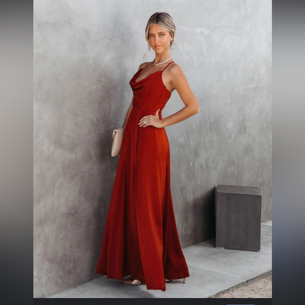 VICI | Hey Bella Satin Cowl Neck Bronze Maxi Dress NWT
